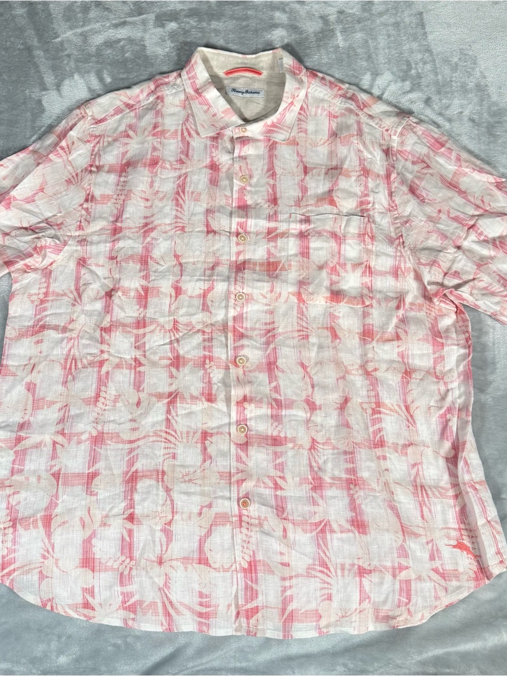 Tommy Bahama Hawaiian Plaid Shirt Mens XL 100% Linen Floral Beach Pink